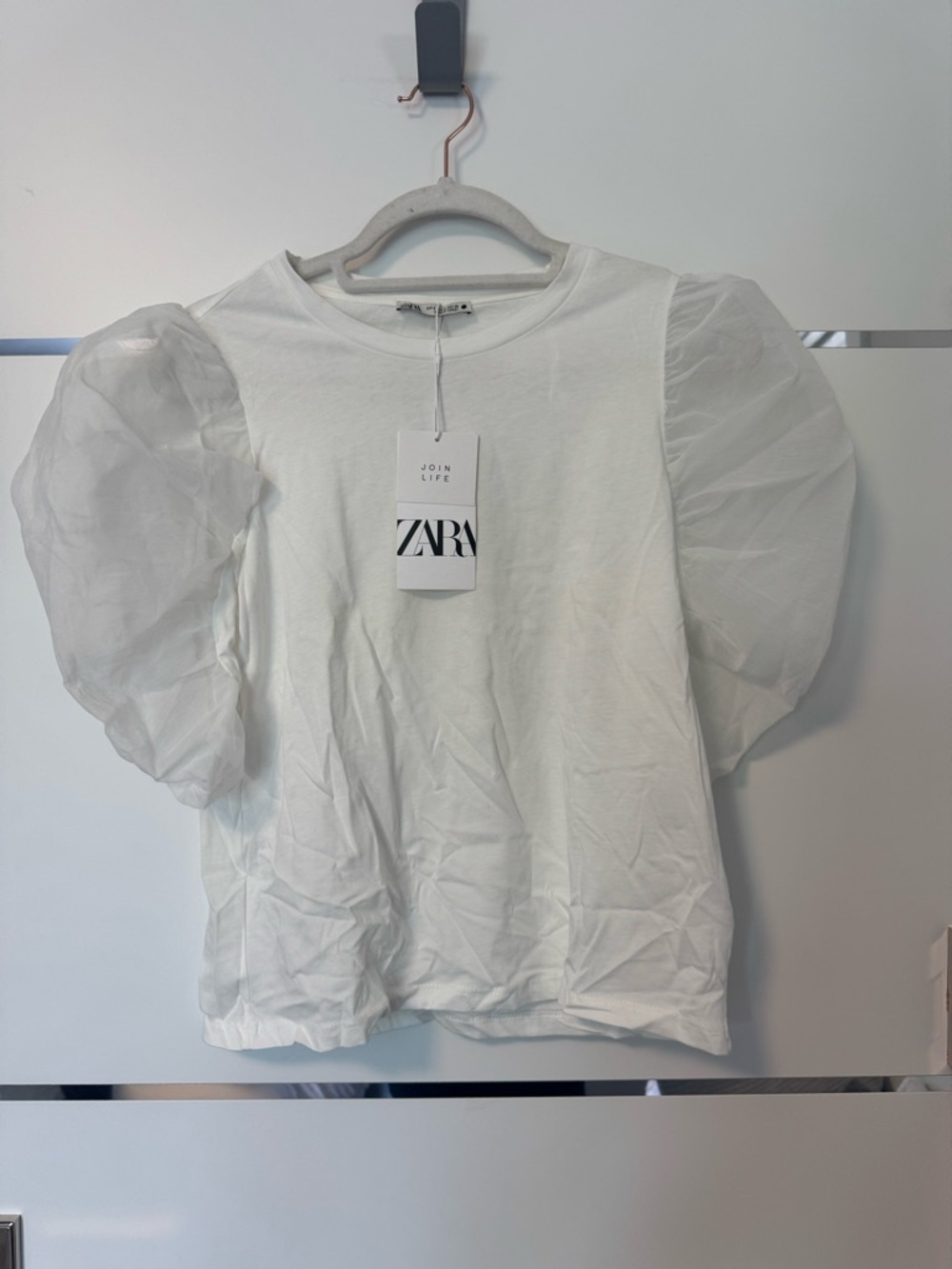 ZARA White Puff-Sleeve Organza Top